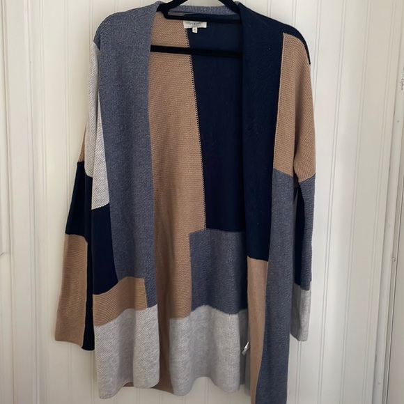 Lucky Brand Patchwork Open Long Cardigan Navy Gray Tan Textured Loose size XS - Picture 3 of 12